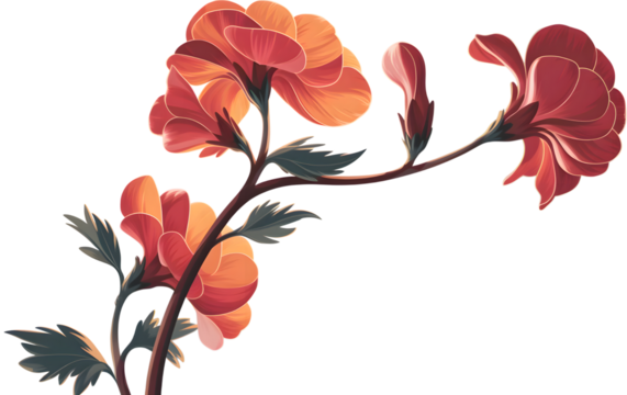 Vibrant orange and red stylized floral branches with delicate leaves artistic illustration isolated on transparent background - Powered by Adobe