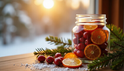 Jar with cranberries and orange slices on wooden table by window with pine branches in winter sunlight