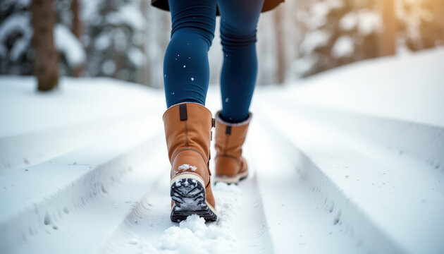 Winter outdoor adventure with boots on snowy path in forest setting for cold weather fashion and exploration inspiration