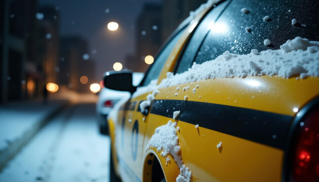 Snowy urban night taxi ride in winter city street illumination, transportation during snowfall, nighttime drive adventure