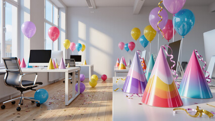 Festive office space with colorful balloons and party hats on desks in bright daylight