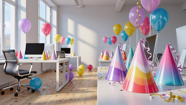 Festive office space with colorful balloons and party hats on desks in bright daylight