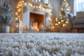 Fototapeta premium Cozy Christmas Living Room with Shaggy Rug and Bokeh Lights
