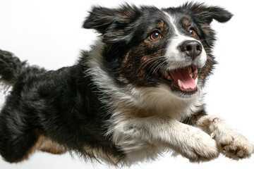 Border collie leaps joyfully against a white background in motion
