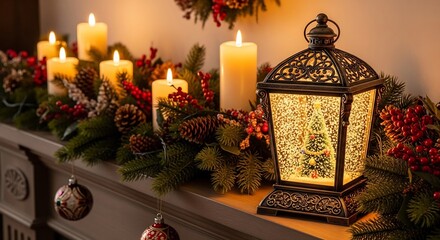 Warm festive scene lighted lantern with Christmas tree candles greenery pine cones and ornaments atop a mantel