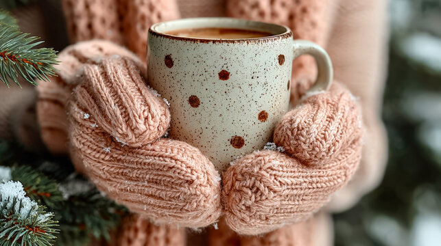 Winter warmth: woman holding mug in bright snowy daylight for seasonal comfort and relaxation - Powered by Adobe