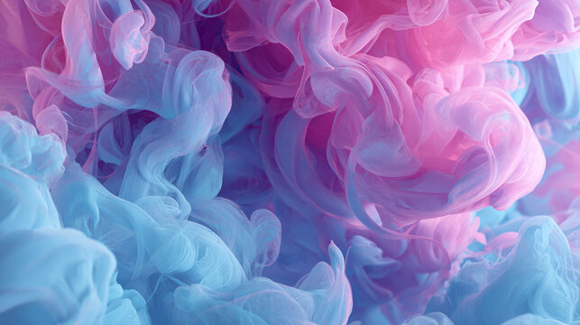 Abstract composition of swirling, vibrant hues of pink and blue, reminiscent of smoke or ink, creating a visually captivating display.