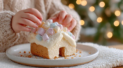 Children's hands reaching for a gingerbread house with colorful marshmallows on a low table during a festive holiday setting