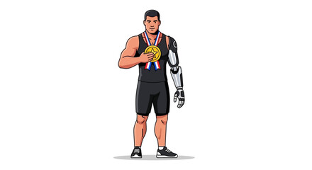 Athlete with Prosthetic Arm Celebrates Victory with Gold Medal