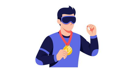Athlete Celebrates Victory with VR Headset and Gold Medal