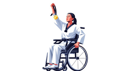 Adaptive Athlete in Wheelchair Celebrates Victory Holding Up Medal Martial Arts Championship