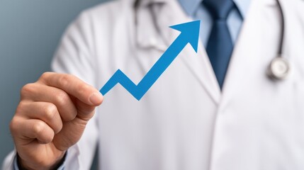 A doctor holds a blue arrow indicating growth, symbolizing improvement or progress in health or medical practices.