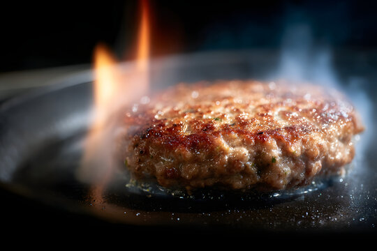 Hamburguesa a la parrilla con fuego y vapor en cocina profesional