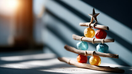 Minimalist diy christmas tree made from driftwood with colorful ornaments and star topper