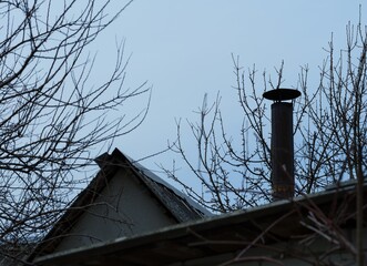 Naklejka premium Rooftops and chimney among bare branches against a gloomy sky.