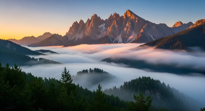 A breathtaking landscape view of sharp, jagged mountain peaks illuminated by the warm, golden light of sunrise.