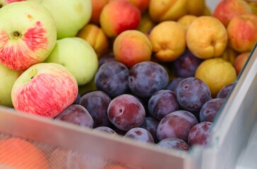 Close-up shot of fridge drawer full of different fruits