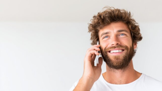 A smiling man with curly hair talks on his phone, exuding a positive and cheerful vibe in a bright, minimalist setting.