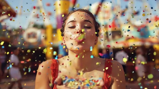 Woman blows colorful confetti during a vibrant carnival performance, celebrating joy and excitement at a festive outdoor event in a lively atmosphere