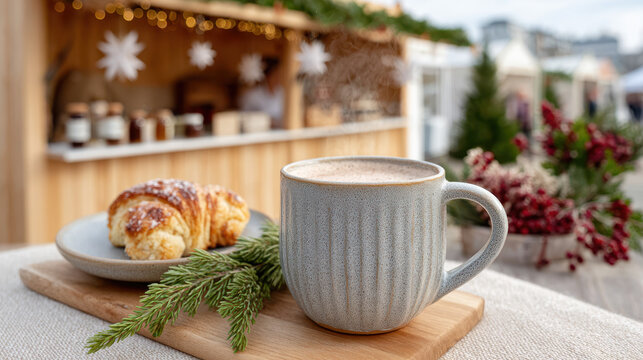 Hot chocolate stand at outdoor fair featuring a steaming mug and croissants with winter decor
