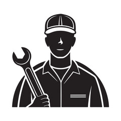 Mechanic with wrench silhouette vector black color and solid white background (1).eps
