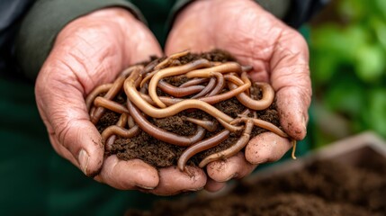 Hands holding a handful of earthworms nestled in rich soil, showcasing the importance of these creatures in gardening and composting.
