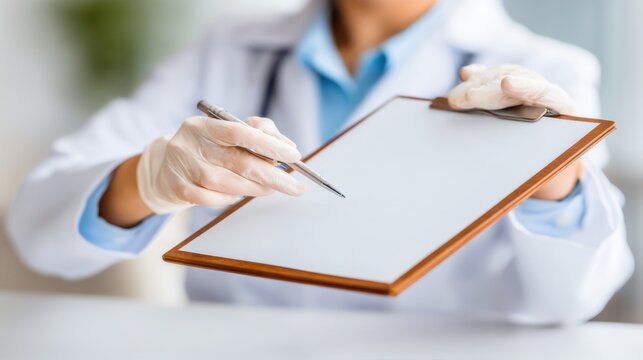 A healthcare professional in gloves holds a clipboard, preparing to take notes or conduct an assessment.