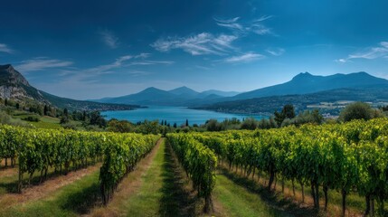 Naklejka premium Lush vineyard rows overlooking a serene lake and majestic mountains under a clear blue sky, idyllic wine country landscape.