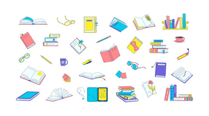 Books and stationery, study items, all reading related. Trendy colorful hand-drawn cartoon objects