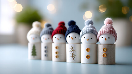 Festive diy christmas snowmen characters made from cardboard rolls with winter hats displayed in a row