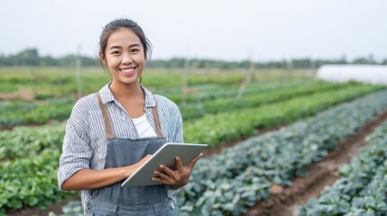 Young Southeast Asian American female farmer smiling with digital tablet in hand, surrounded by lush green vegetable rows, celebrating modern agriculture