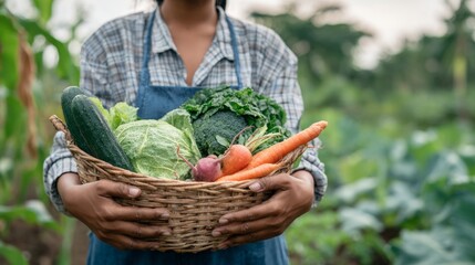 Young Indian female farmer proudly holding a basket of fresh organic vegetables in a lush green field, celebrating the Year of the Female Farmer