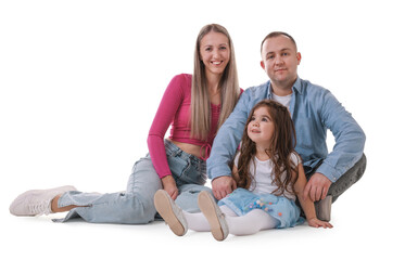 Happy parents and their daughter on white background