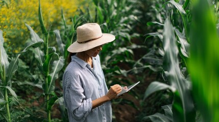 Female farmer using tablet to analyze corn growth in lush green field, showcasing dedication to sustainable agriculture and empowerment of women