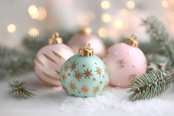 Pastel pink and mint ornaments with gold accents in a cozy setting