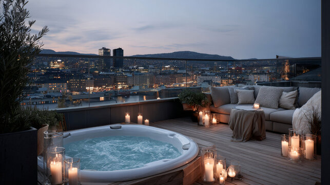 Cozy rooftop features a hot tub surrounded by candles, creating a perfect nighttime relaxation space with a stunning skyline view - Powered by Adobe
