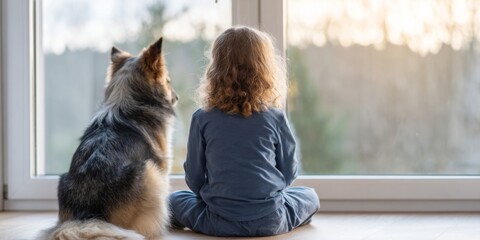 Child and dog gazing out large panoramic window, silhouettes in serene morning light, capturing a moment of companionship and tranquility