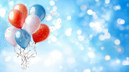 A celebratory arrangement of red, white, and blue balloons floats against a soft blue sky with bokeh lights and falling confetti.