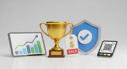 Business success trophy with digital devices and security shield.