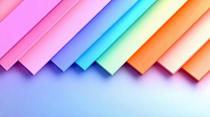 A series of diagonal stripes in rainbow colors, from pink to orange, arranged in a descending pattern against a soft blue and purple gradient background.