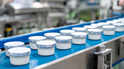Sealed yogurt cups arranged on a blue conveyor belt in a dairy plant, showcasing industrial automation and production line efficiency