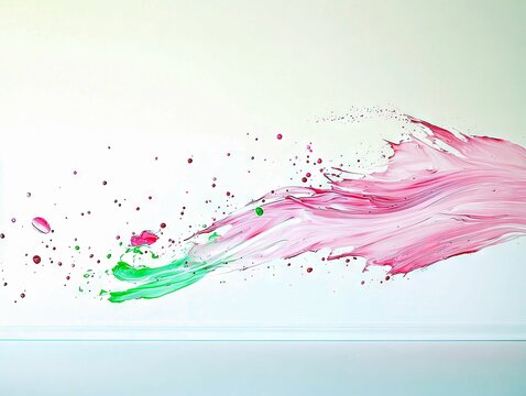A dynamic splash of pink and green liquid paint explodes outwards, creating a fluid and energetic abstract composition with many small droplets.