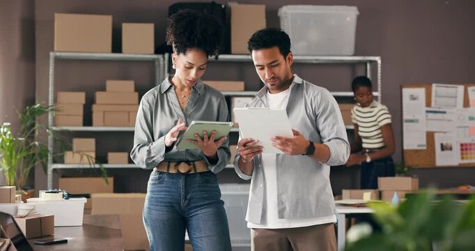 Team, tablet and pointing with clipboard in logistics for stock control, shipping checklist or update. Small business, people and tech with discussion in warehouse for inventory and storage backlog