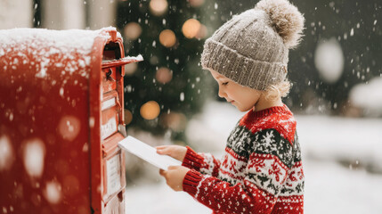 Child in festive Christmas pajamas mailing a letter to Santa into a bright red mailbox on a snowy morning, capturing holiday spirit and joy