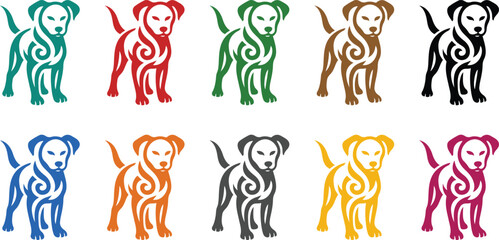 Stylized dog icon collection in colorful designs, Multicolor dog graphic icon set