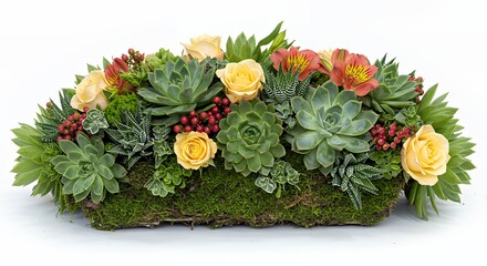 Succulent Plant Arrangement with Yellow Roses and Red Berries on Moss Base