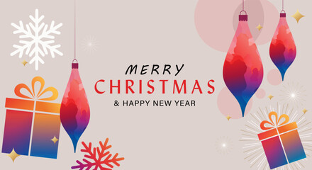 Merry Christmas and Happy New Year greeting card vector illustration with colorful watercolor baubles, gift boxes and snowflakes. Winter holiday banner design with hanging ornaments.