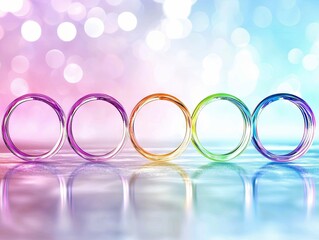 Five interconnected glass rings, each a different vibrant color, are arranged in a horizontal line against a soft, blurred bokeh background.
