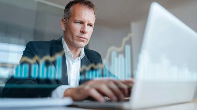 Male business analyst in dark suit focused on laptop, analyzing financial data with graphs, showcasing corporate professionalism and modern office environment