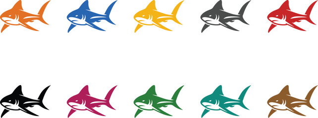Stylized shark icon set in multiple colors fish, Colorful shark graphic collection